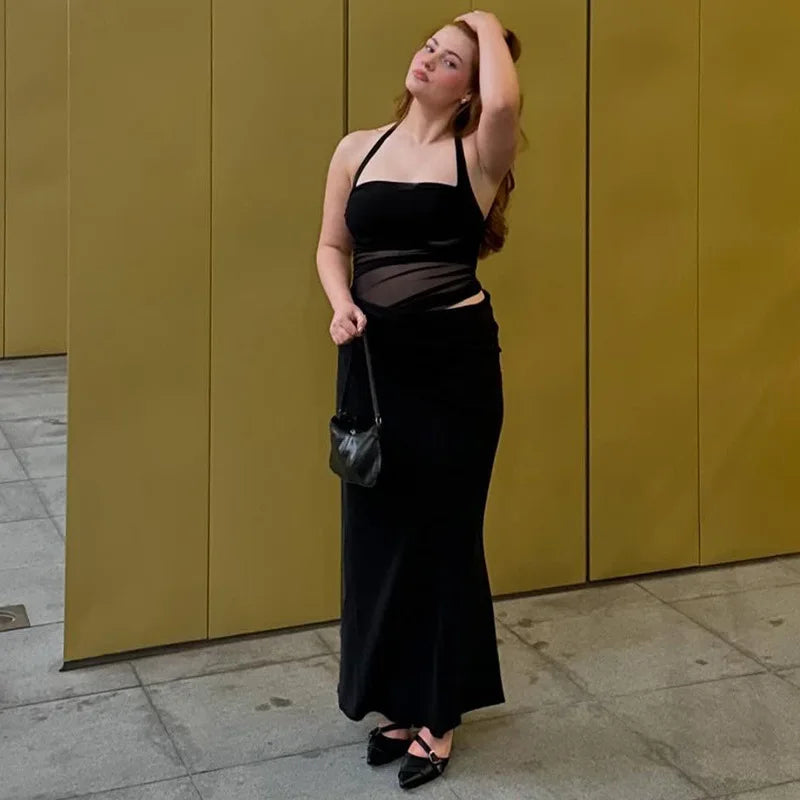 Mesh Halter Neck Backless Ruched Bodycon Maxi Dress - View 17
