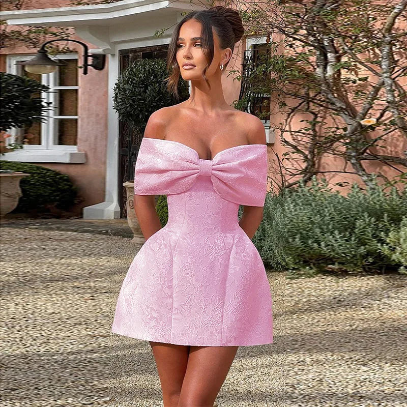 Bow Off Shoulder Backless A - line Jacquard Party Dress - View 8
