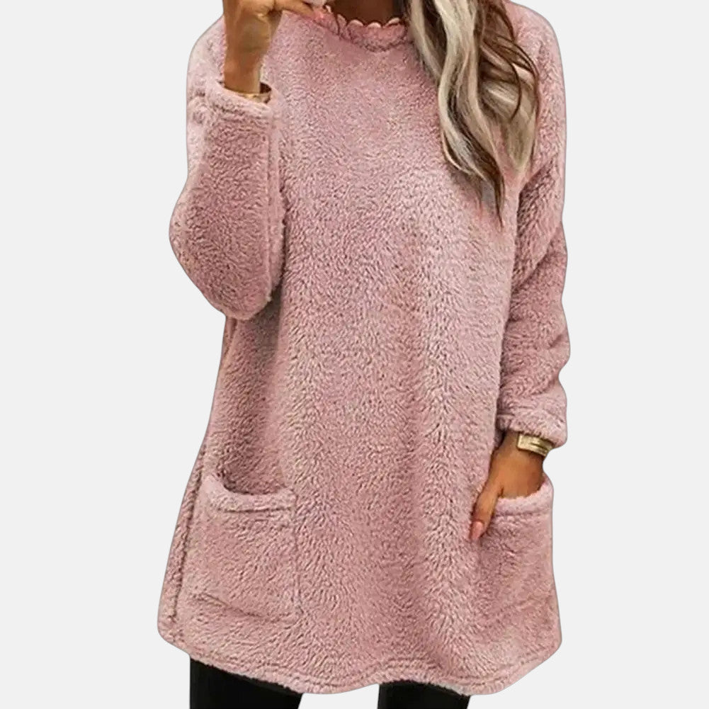 Round Neck Long Sleeve Pocket Fleece Tunic Top 3