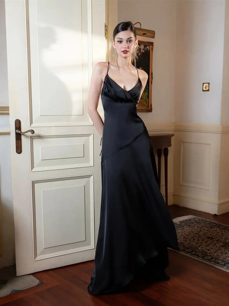 Black Satin V-neck Sleeveless Silk Dress - View 2
