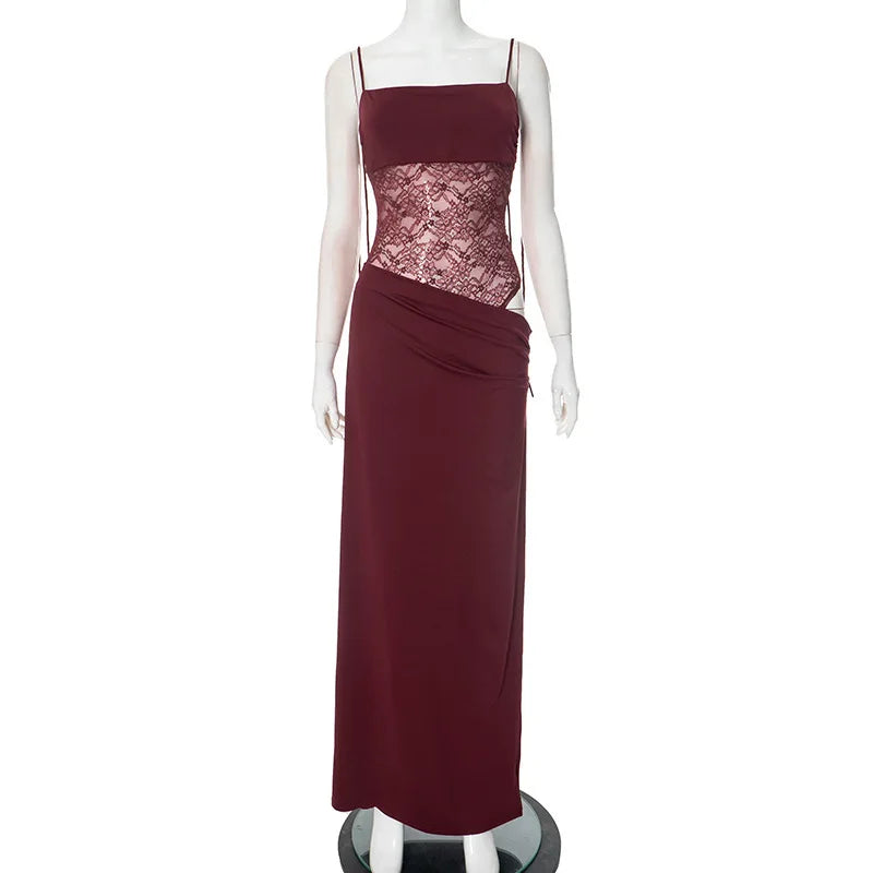 Spaghetti Strap Sheer Lace Hollow Out Long Dress - View 7