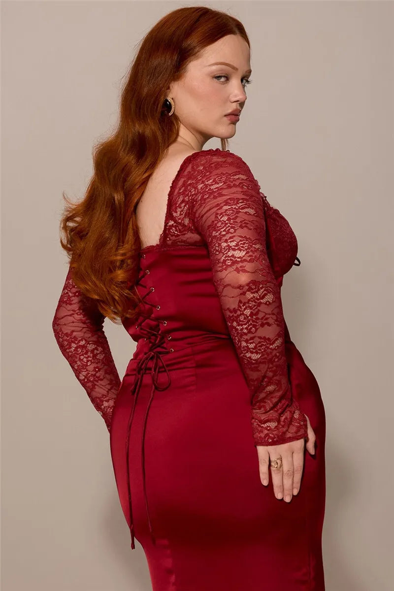 Square Collar Lace - Up Backless Long Sleeve Maxi Dress - View 11