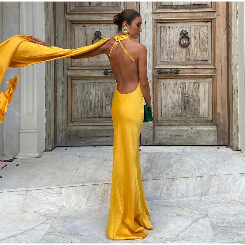 Yellow Satin Backless Lace - Up Off - Shoulder Maxi Dress - View 6