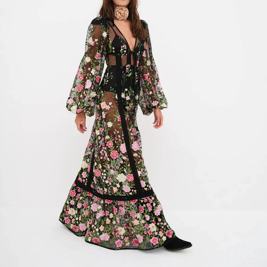 Floral Embroidery Mesh Bishop Sleeve Deep V-Neck Maxi Gown - View 5