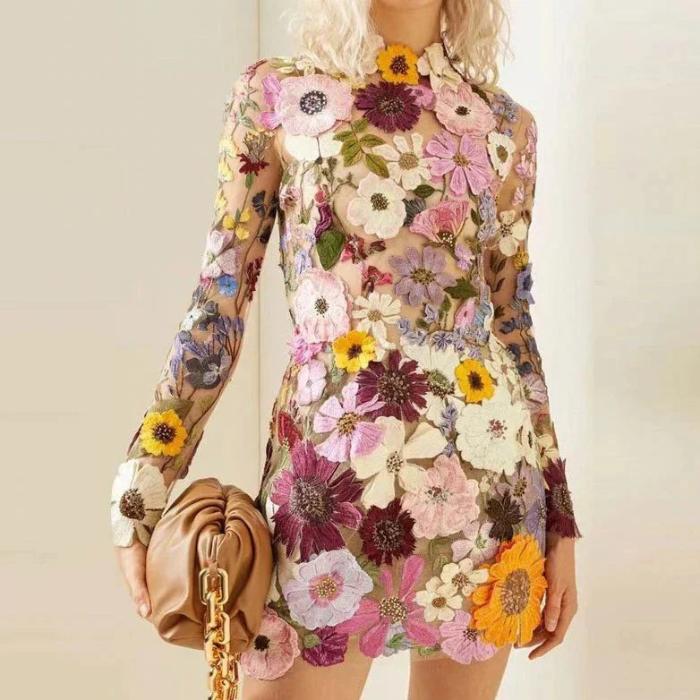 Mesh Floral Embroidered Long Sleeve High Neck Backless Cut Out Gown - View 3