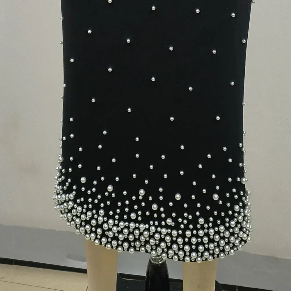 Pearl Trim Off Shoulder V Notch Beaded Gradient Hem Bodycon Midi Dress - View 5