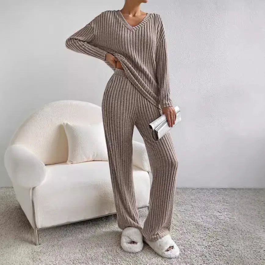 Ribbed Knit V-Neck Long Sleeve Top and Wide Leg Pants Two Piece Set 6