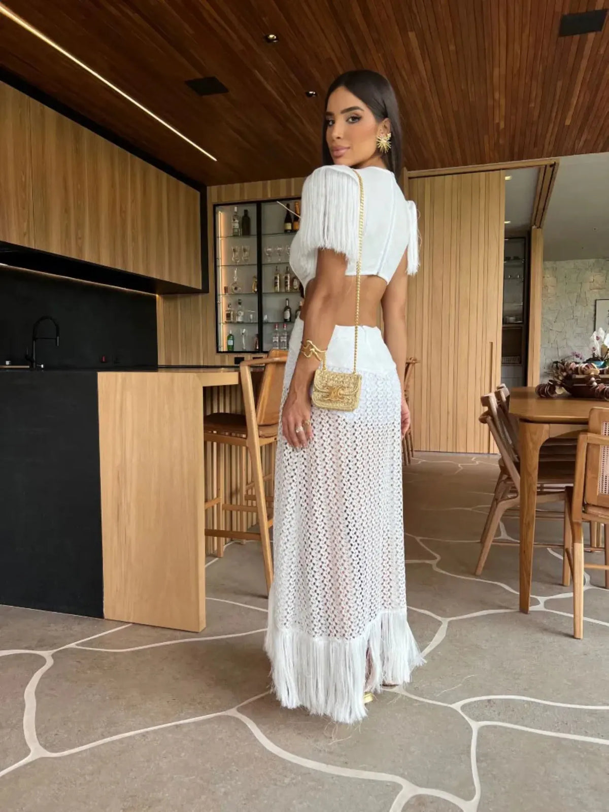 Crochet Knit Deep V-Neck Waist Cut Out Fringe High Split Maxi Dress - View 2