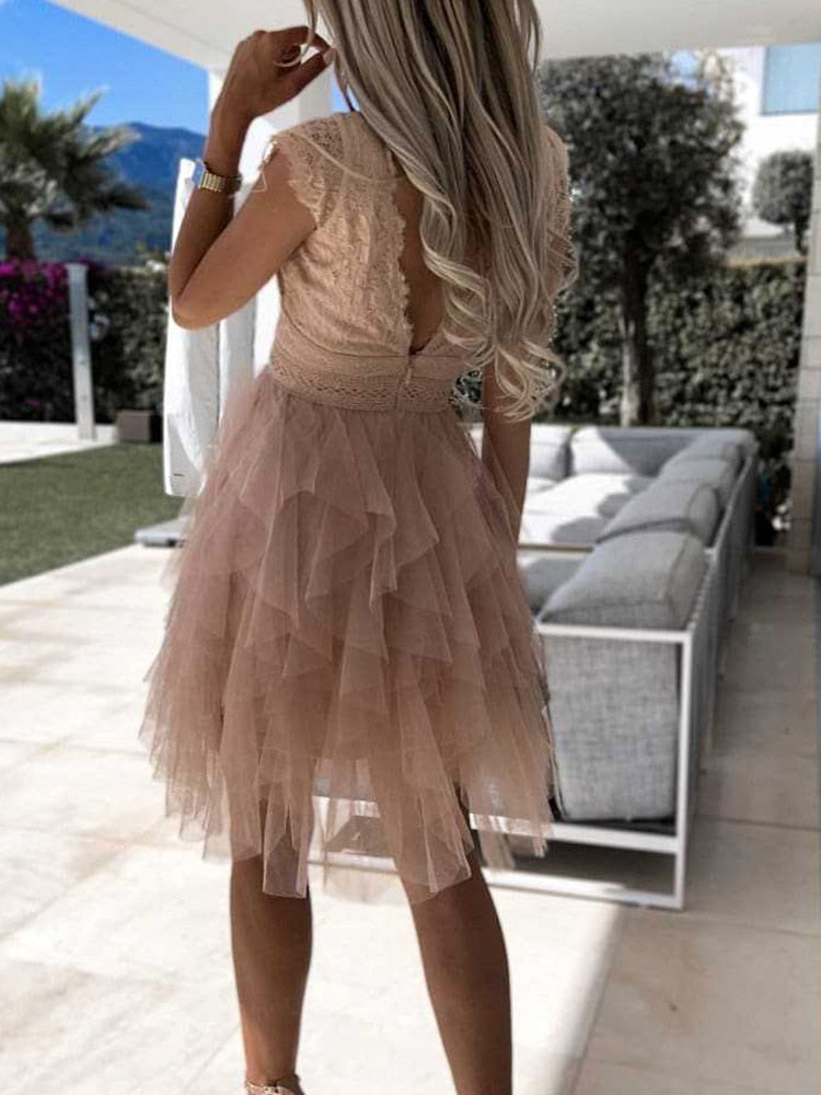 Lace Deep V-Neck Cap Sleeve Bow Waist Tiered Tulle Mini Dress - View 16