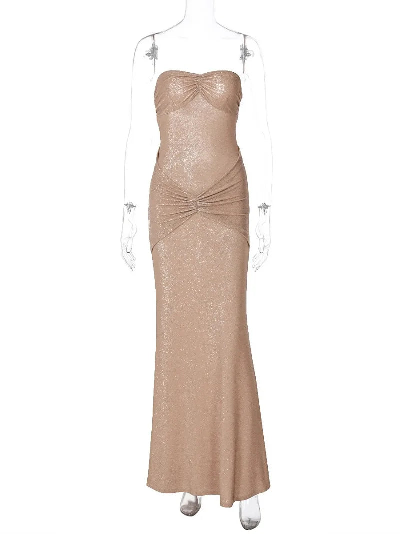 Metallic Strapless Ruched Twist Front Column Maxi Dress - View 4