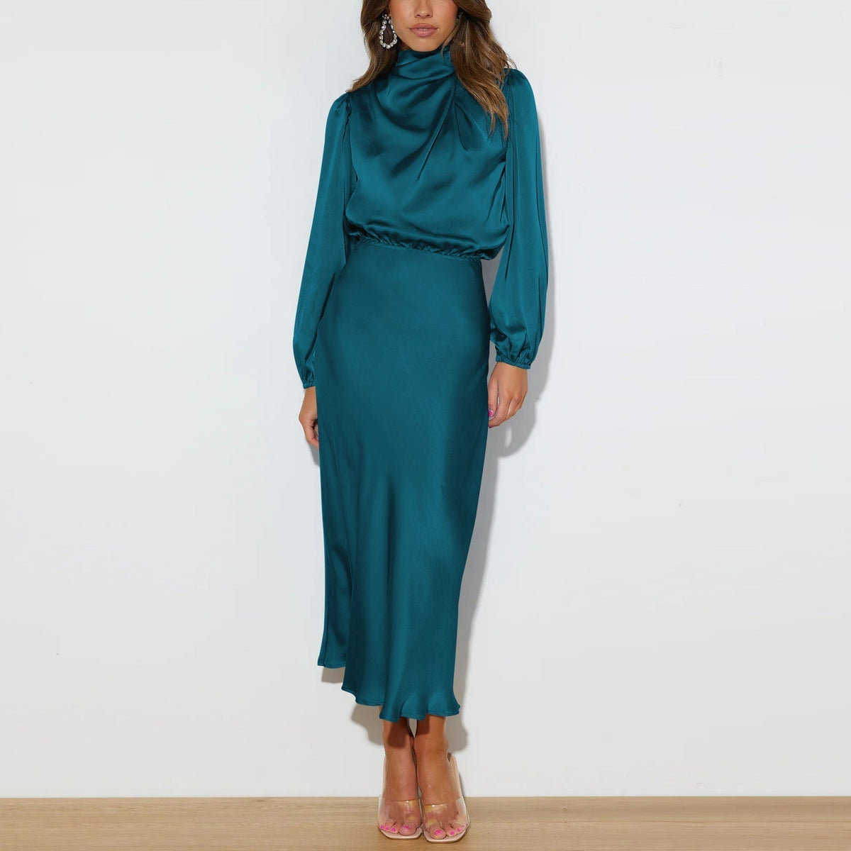 Satin Mock Neck Blouson Long Sleeve Elastic Waist Midi Dress - View 5