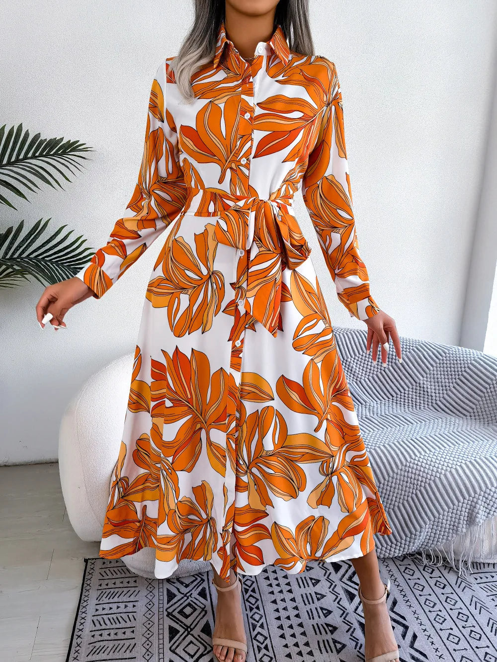 Floral Print Long Sleeve Belted Shirt Maxi Dress 4