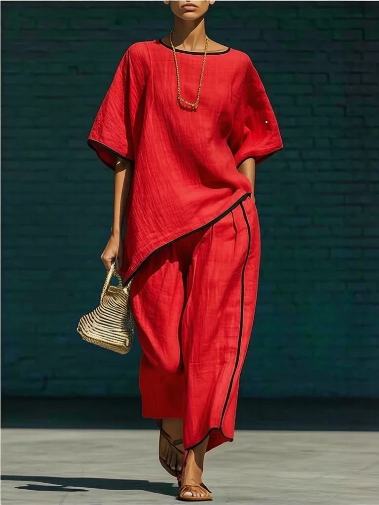 Short Sleeve Asymmetric Hem Top and Wide Leg Pants Two Piece Set 3