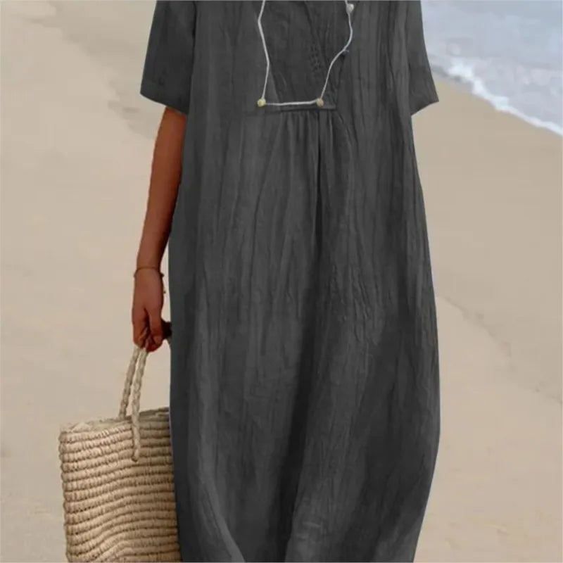 Split Neck Short Sleeve Linen Look Maxi Dress 5