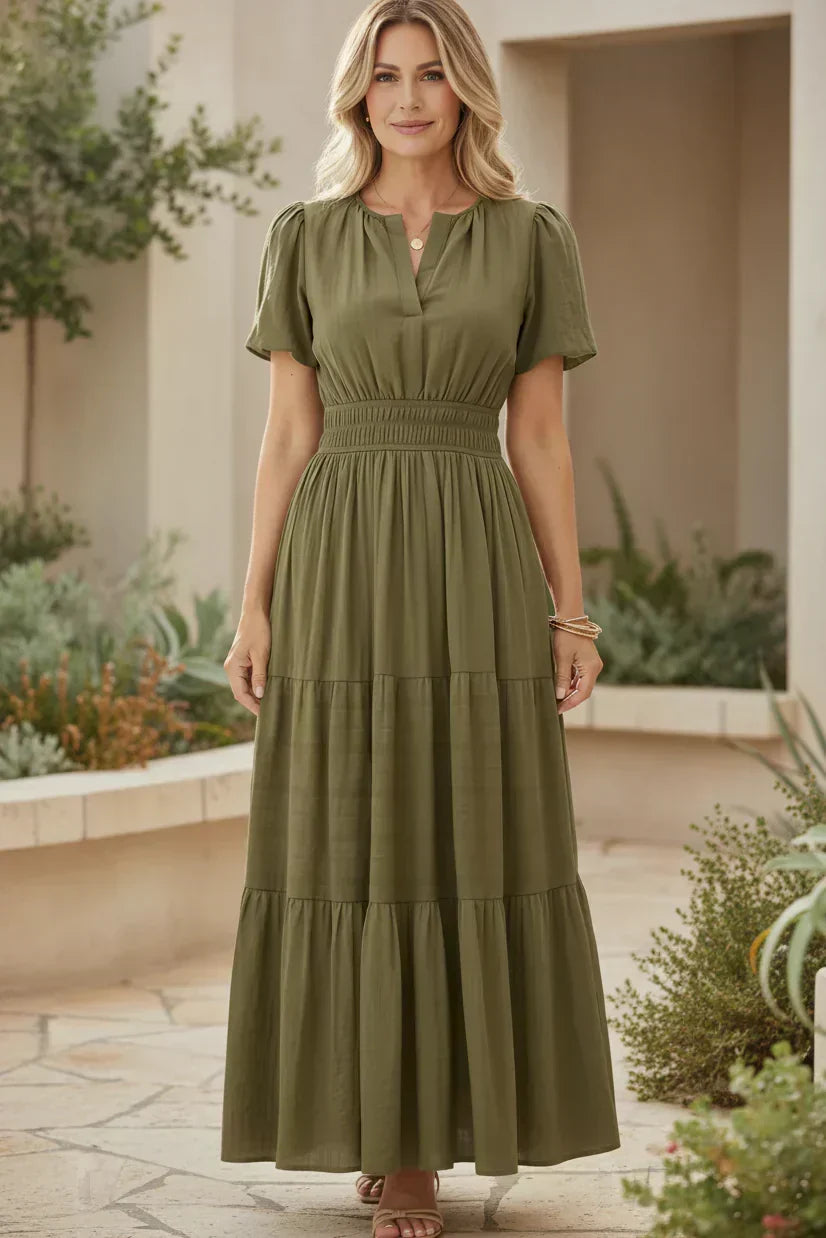 V-Neck Puff Sleeve Smocked Waist Tiered Maxi Dress 9