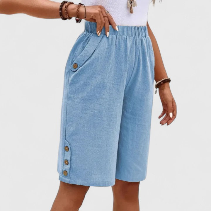 High Waist Side Button Knee Length Shorts 7