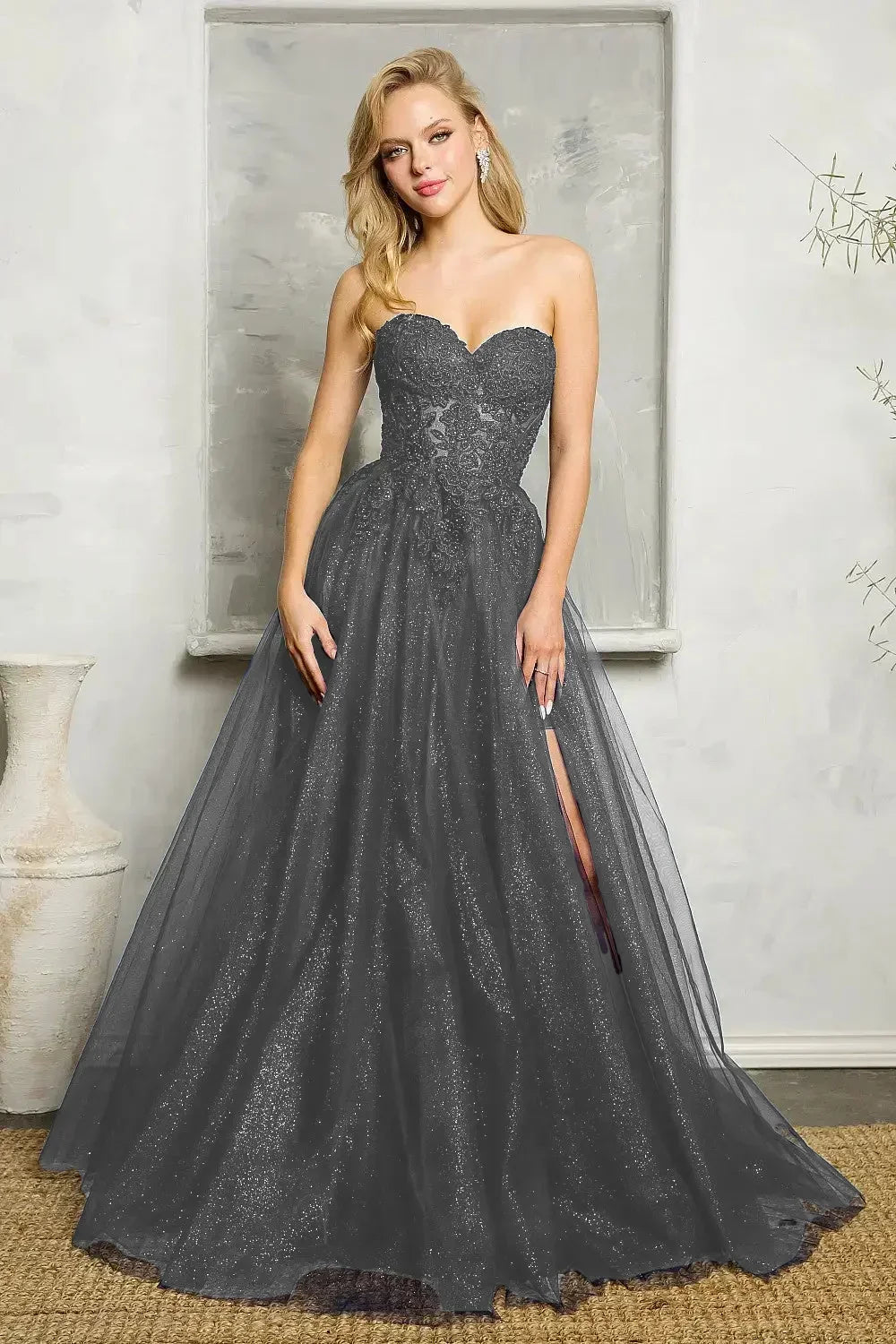 Lace Strapless Sweetheart High Split Tulle A-Line Gown - View 2