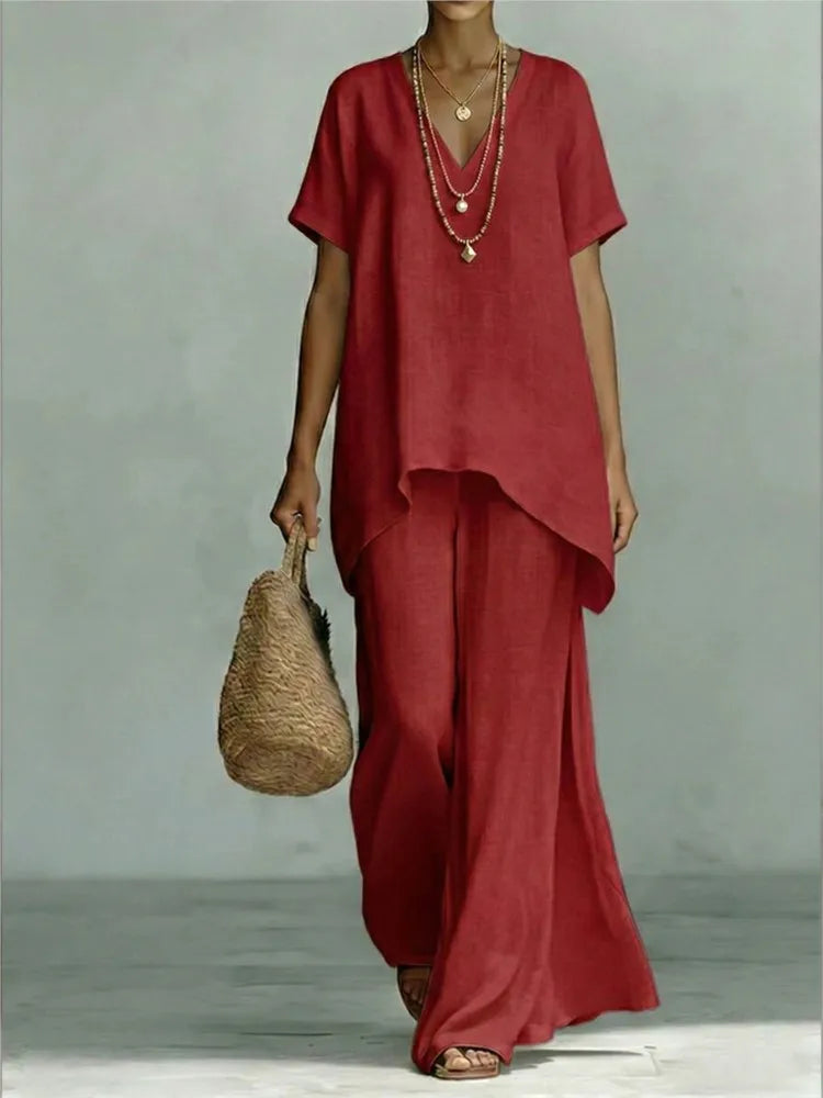 V-Neck Short Sleeve High Low Top and Wide Leg Pants Two Piece Set 6