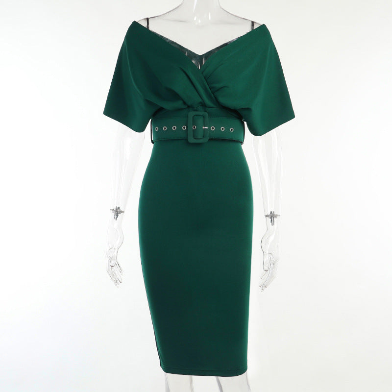 Satin Deep V-Neck Batwing Sleeve Belted Bodycon Midi Dress 35
