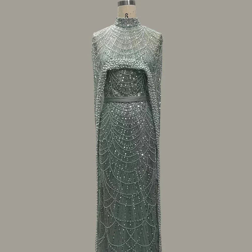 Beaded High Neck Cape Sleeve Sheer Mermaid Gown - View 11
