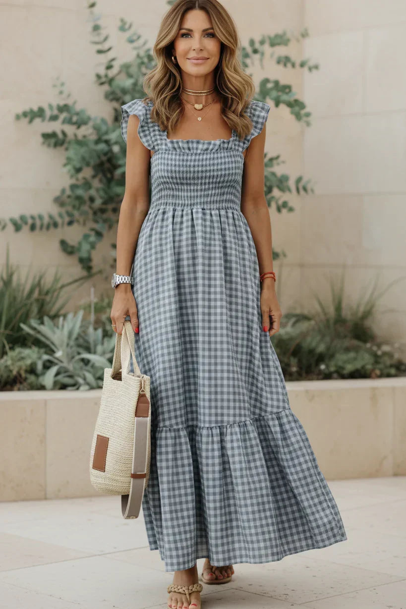 Gingham Square Neck Smocked Ruffle Strap Tiered Maxi Dress 2