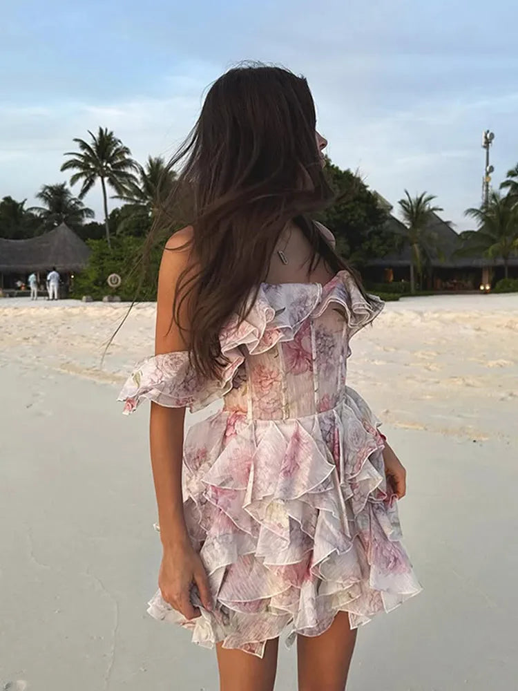 Floral Off Shoulder Ruffle Tiered Chiffon Mini Dress - View 2