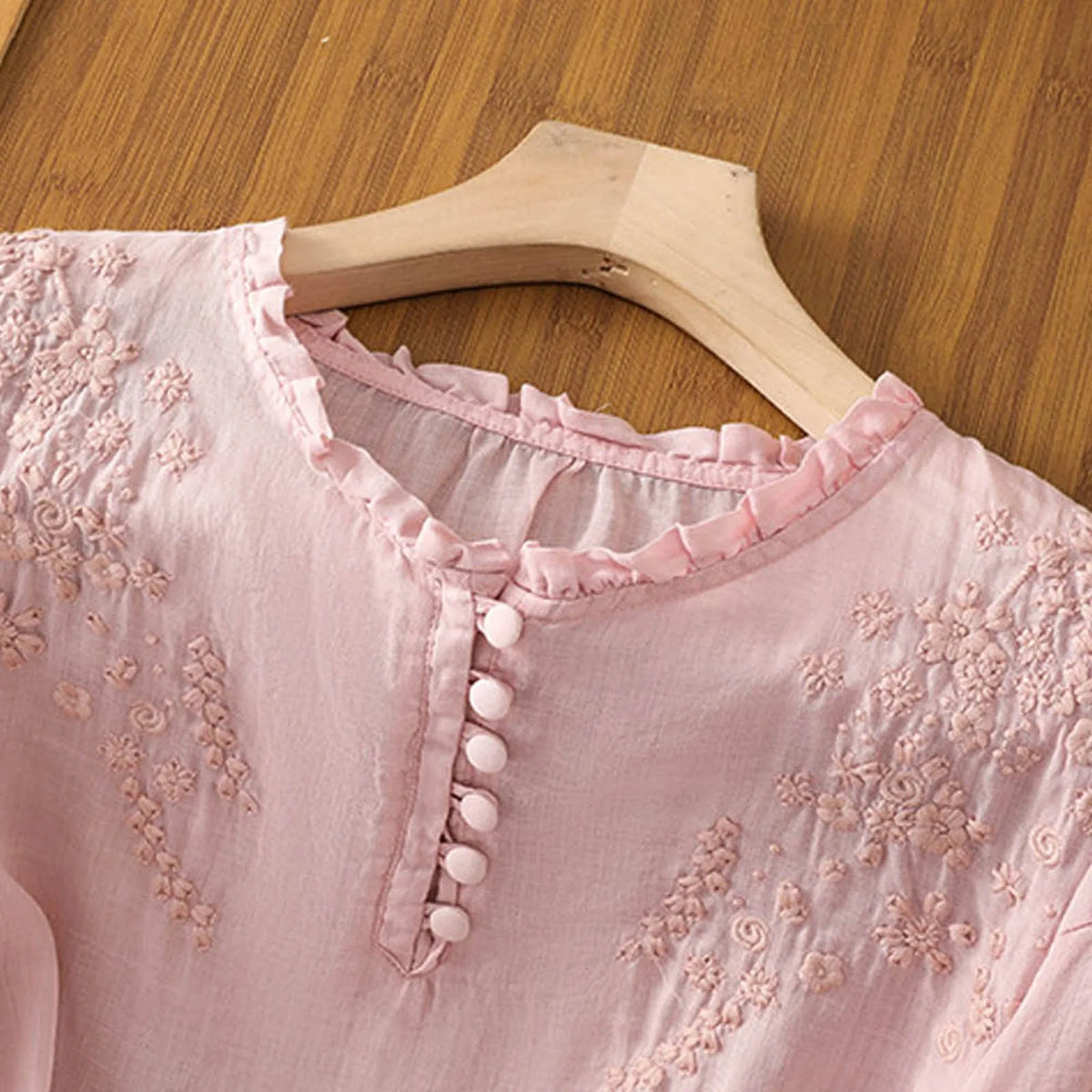 Embroidered Button Placket Puff Sleeve Blouse 5