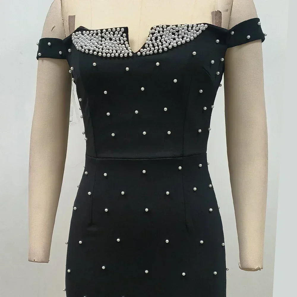 Pearl Trim Off Shoulder V Notch Beaded Gradient Hem Bodycon Midi Dress - View 4