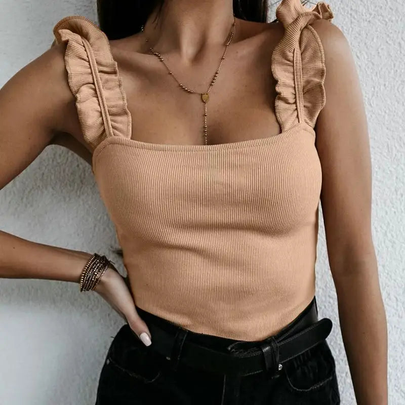 Square Neck Ruffle Strap Ribbed Knit Tank Top 5