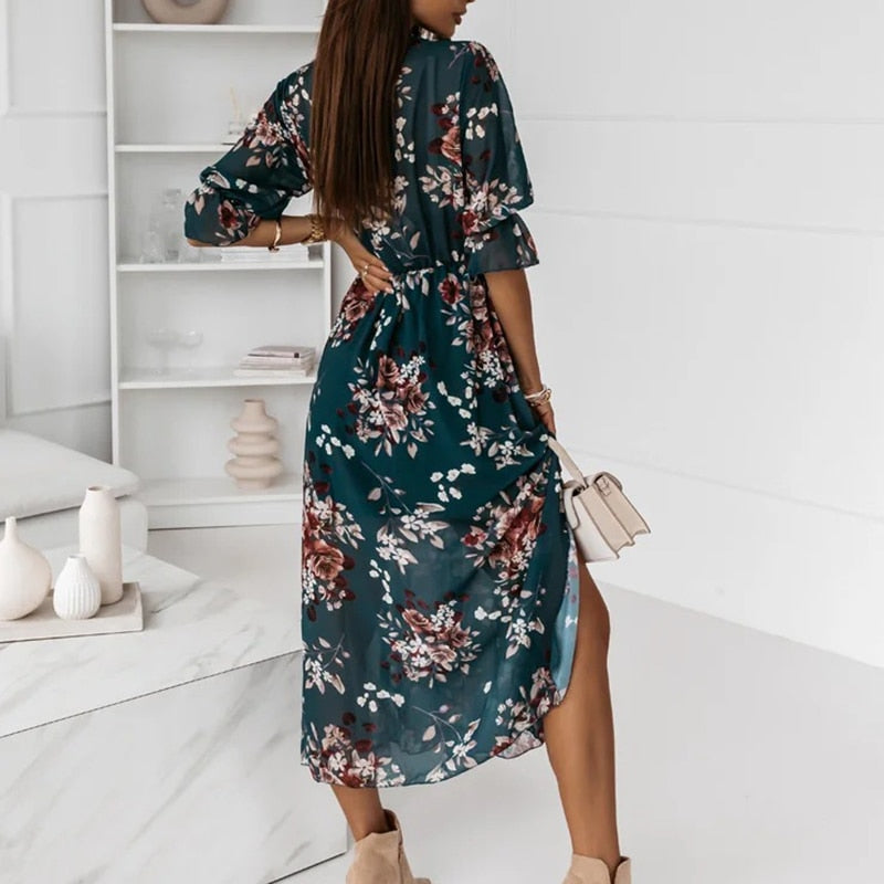 Marble Print Deep V-Neck Bishop Sleeve High Split Wrap Maxi Dress - View 5