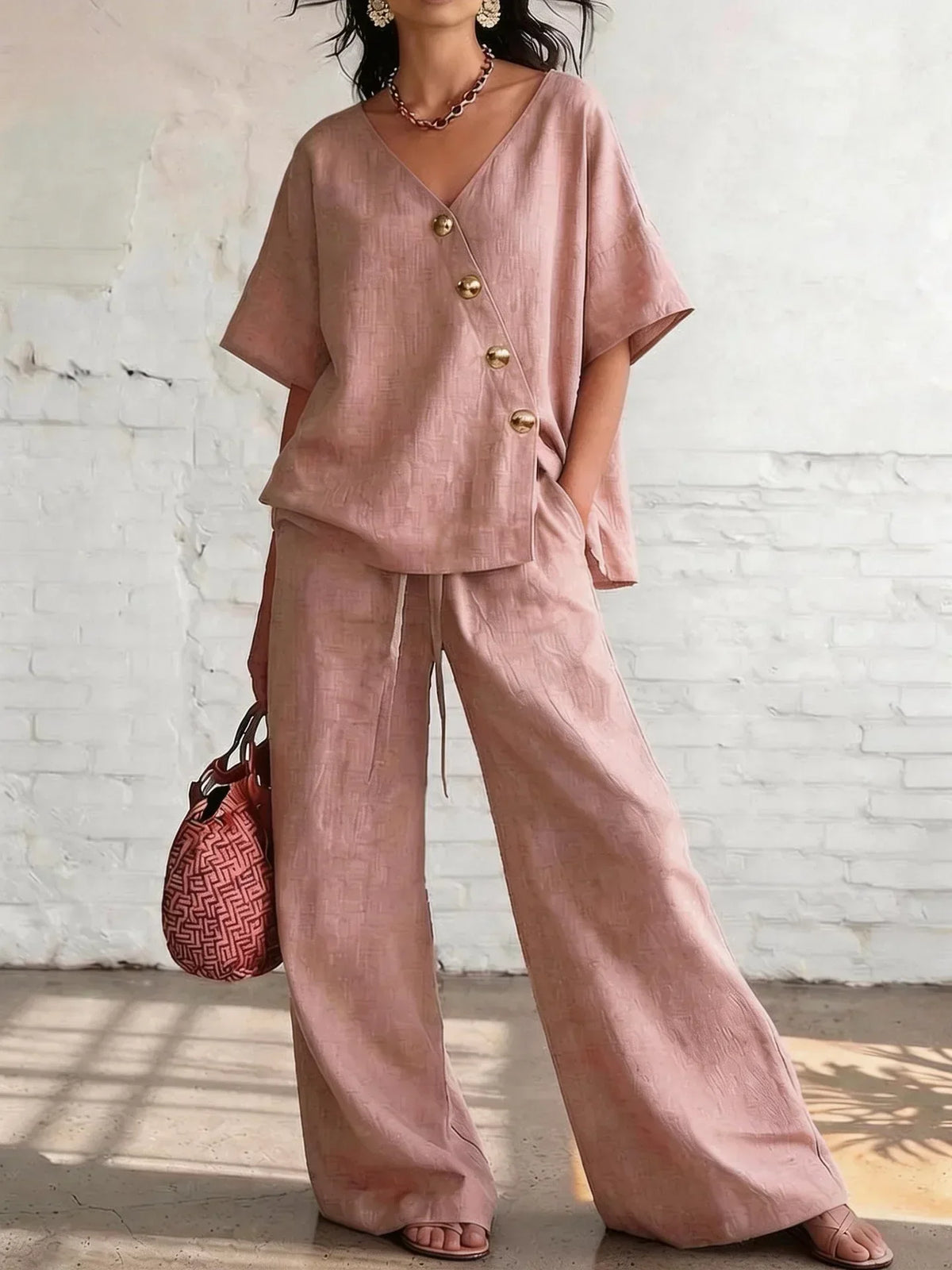 V-Neck Short Sleeve Button Top and Wide Leg Pants Two Piece Set 4