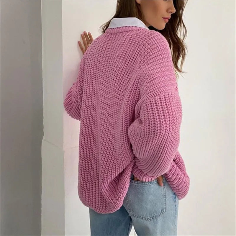 Crew Neck Long Sleeve Chunky Ribbed Knit Sweater 3