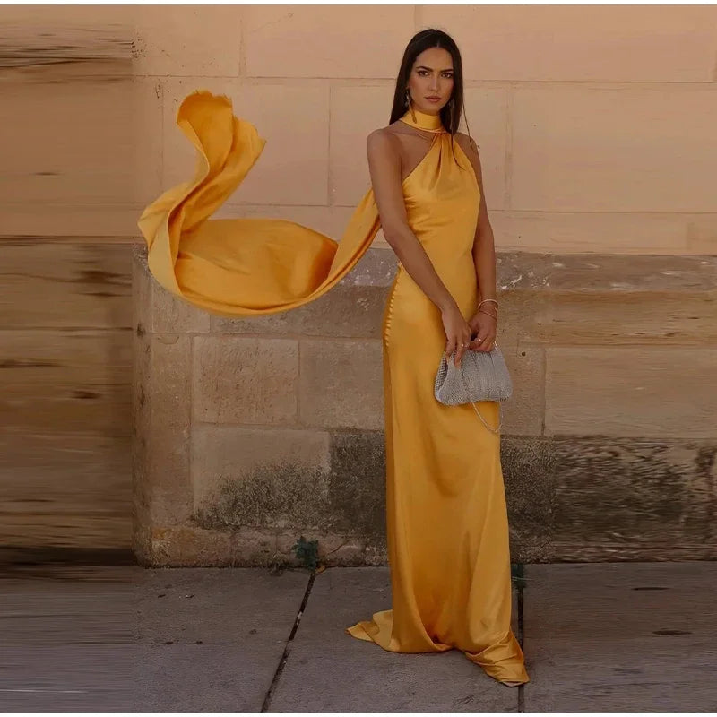 Yellow Satin Backless Lace - Up Off - Shoulder Maxi Dress - View 12