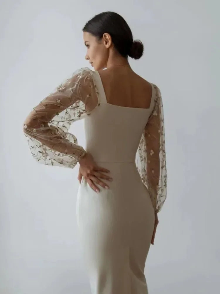Square Neck Floral Puff Sleeve Bodycon Midi Dress - View 2