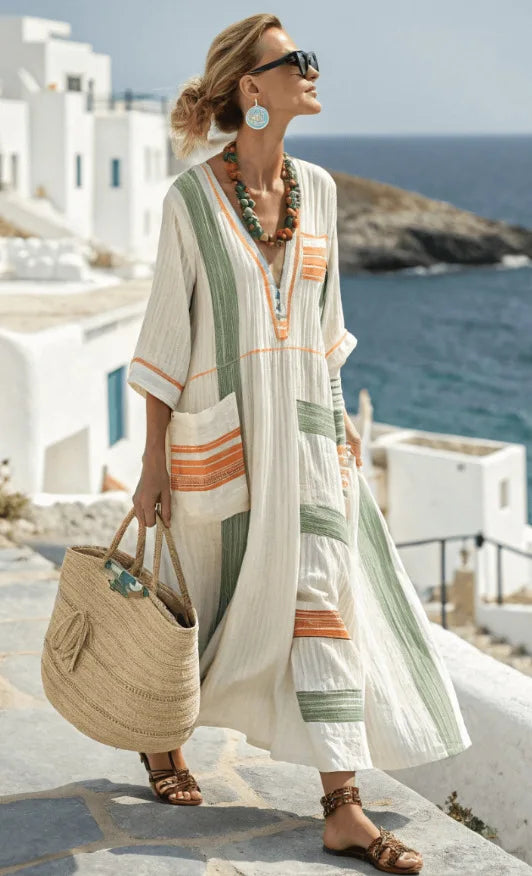 V-Neck Striped Trim Three Quarter Sleeve Beach Cover Up Kaftan 6