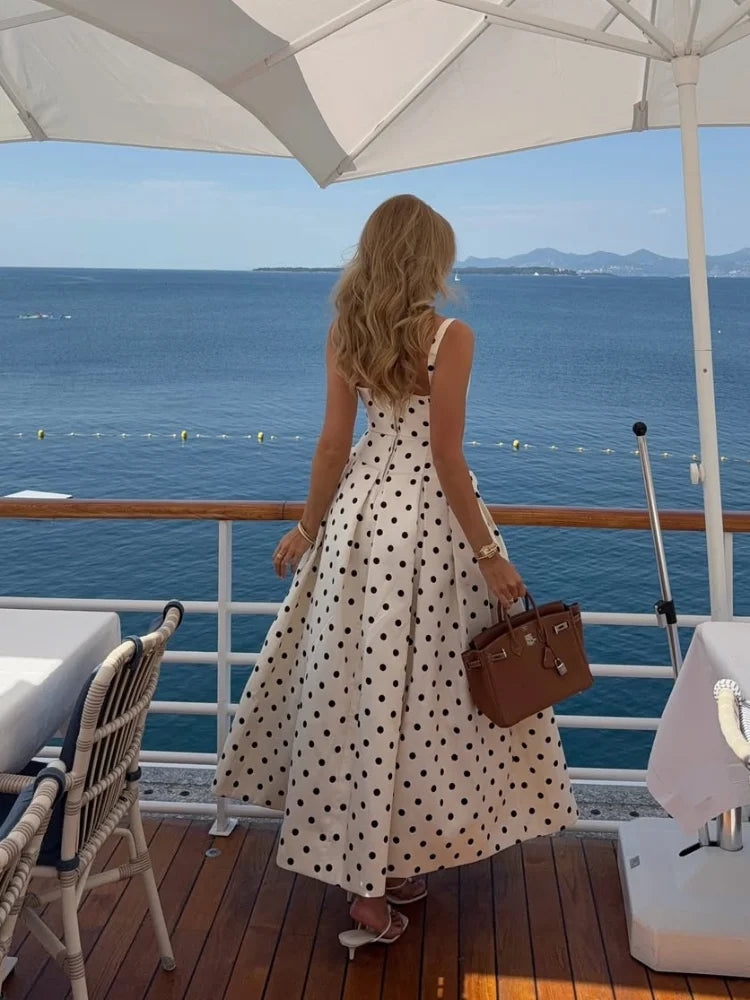 Polka Dot Square Neck Wide Strap A-Line Maxi Dress - View 2
