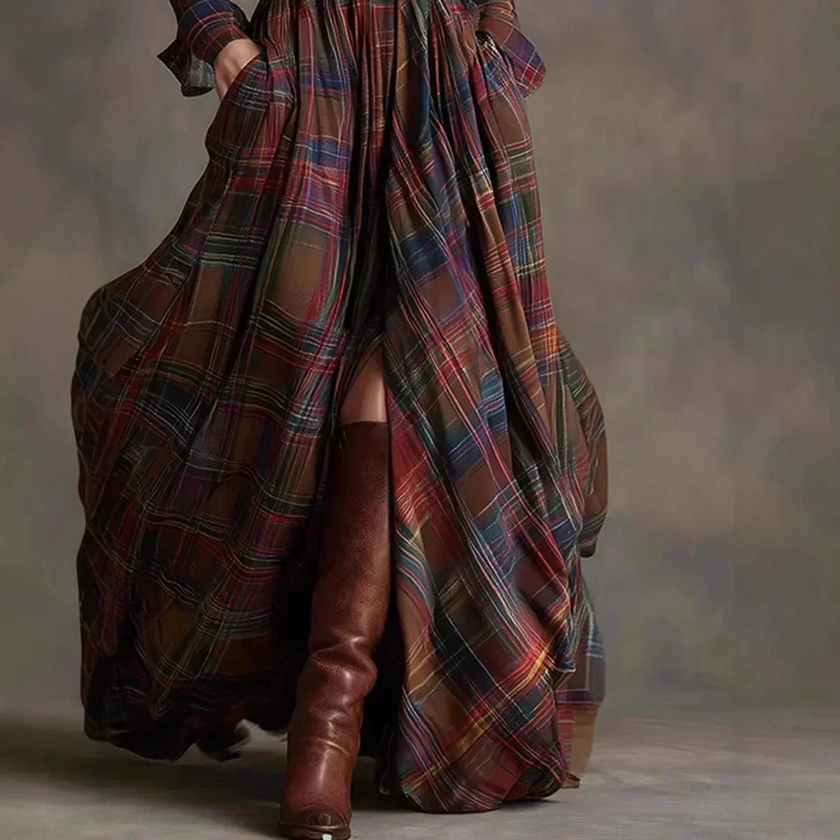 Plaid Belted Long Sleeve High Low Maxi Shirt Dress 3