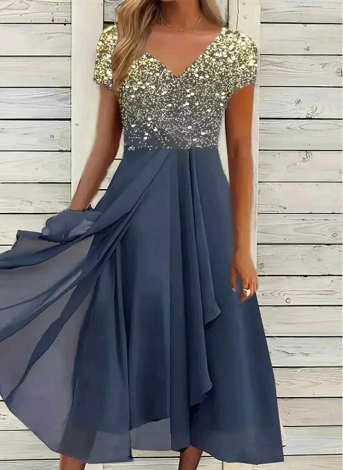 Chiffon V-Neck Cap Sleeve Ombre Bodice Flowy Pocket Maxi Dress - View 6
