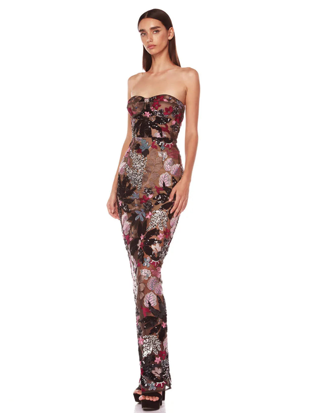 Sequin Floral Strapless Sweetheart Bodycon Maxi Dress - View 2