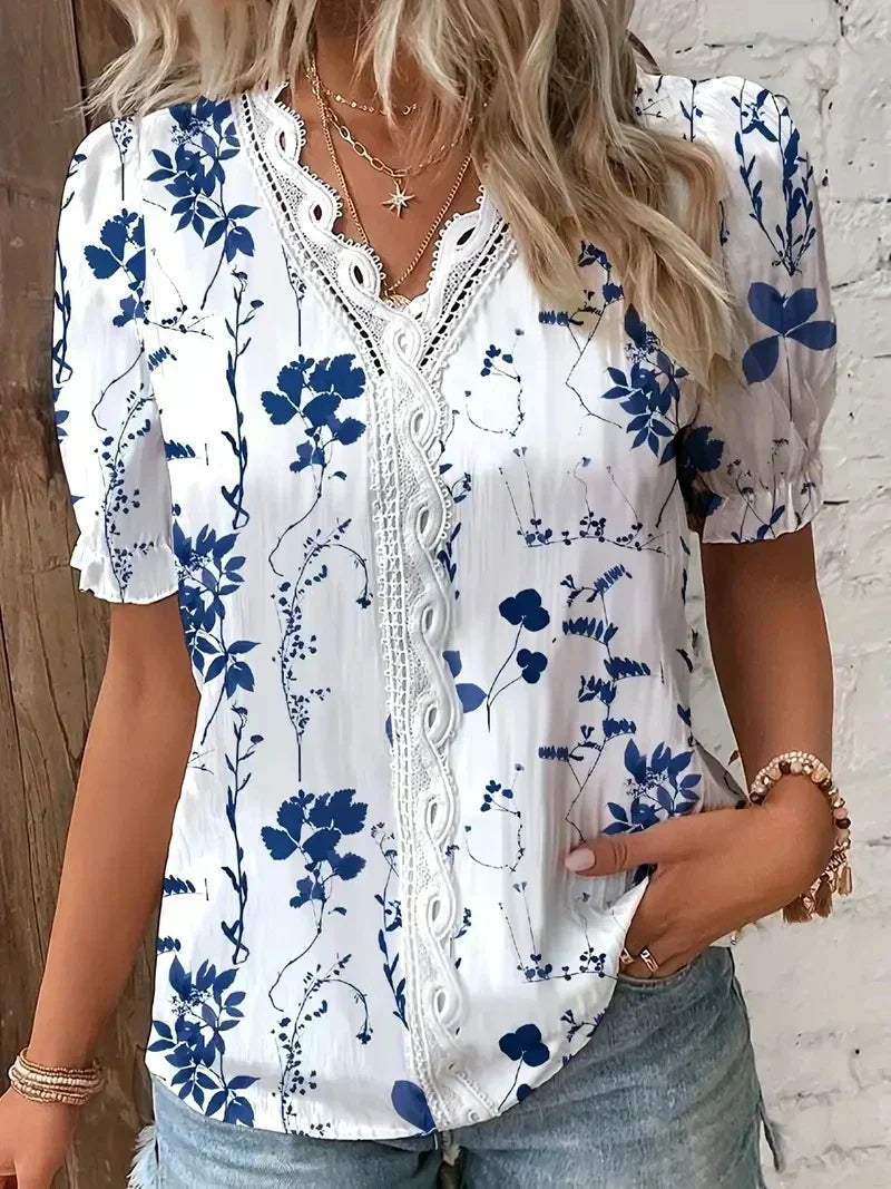 Leaf Print Lace Trim V-Neck Short Sleeve Blouse 2