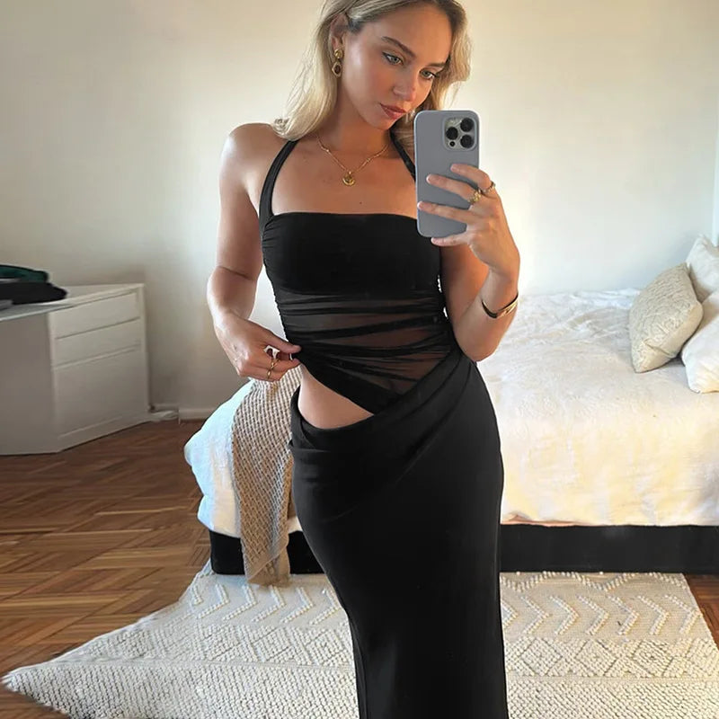 Mesh Halter Neck Backless Ruched Bodycon Maxi Dress - View 5
