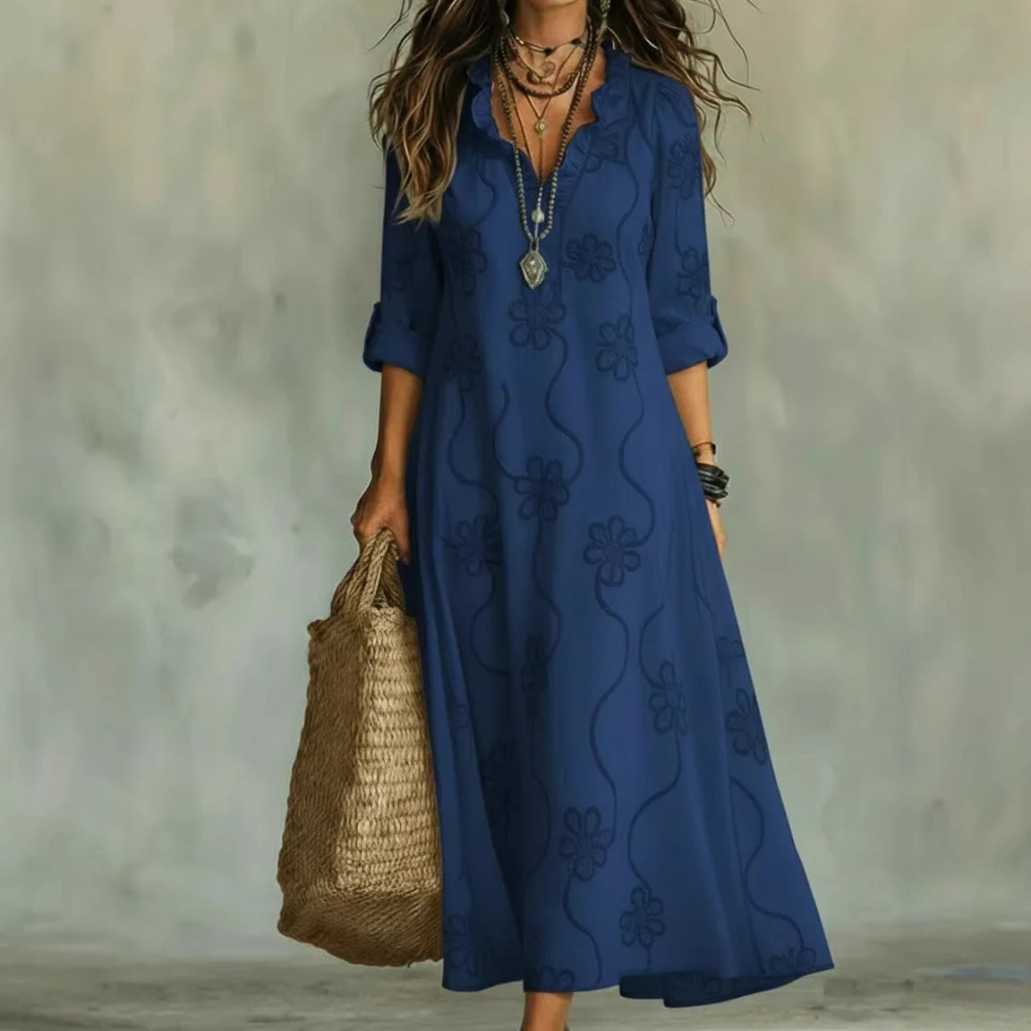 Split Neck Long Sleeve Floral Embroidered Maxi Dress 3