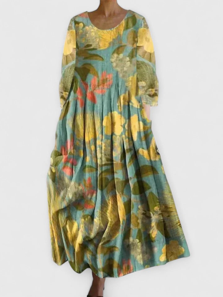 Floral Round Neck Pleated Pocket Maxi Dress 4