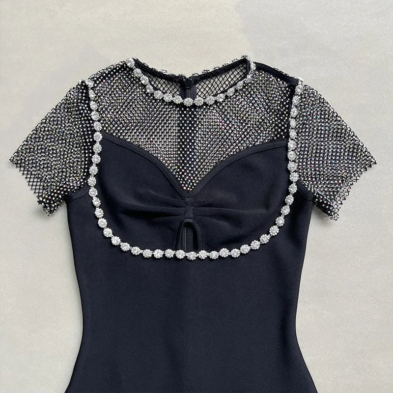 Rhinestone Mesh Crew Neck Short Sleeve Cut Out Bodycon Midi Dress - View 4