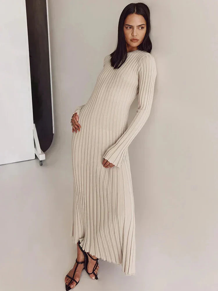 Ribbed Knit Mock Neck Bell Sleeve Bodycon Maxi Dress - View 4