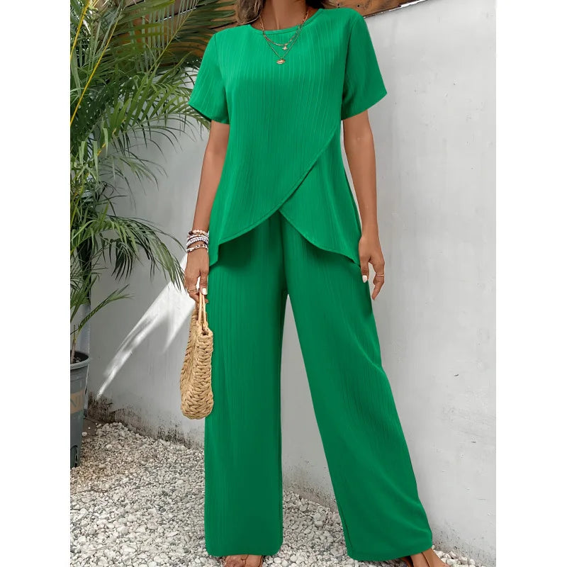 Short Sleeve Crossover Hem Top and Wide Leg Pants Two Piece Set