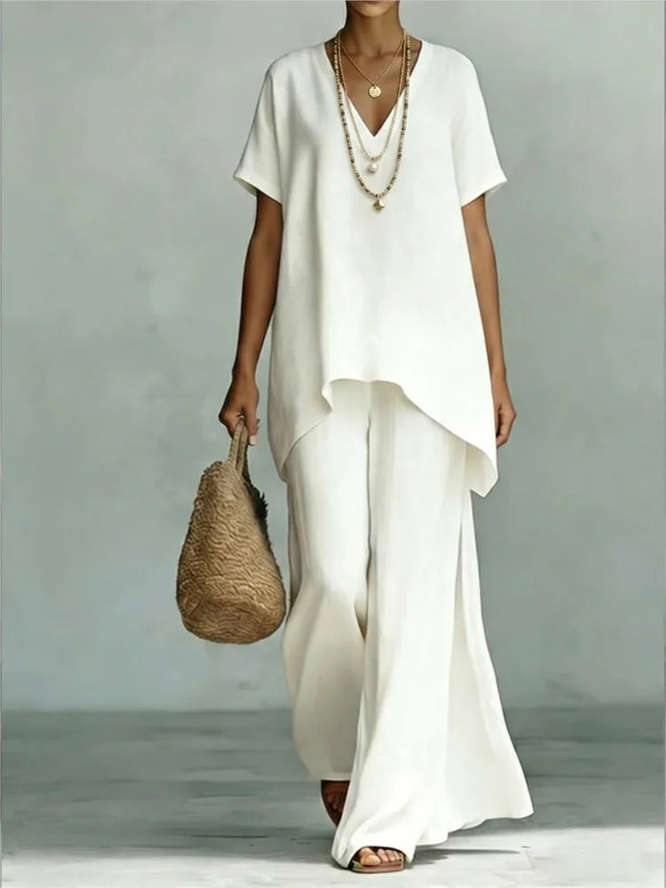 V-Neck Short Sleeve High Low Top and Wide Leg Pants Two Piece Set 7