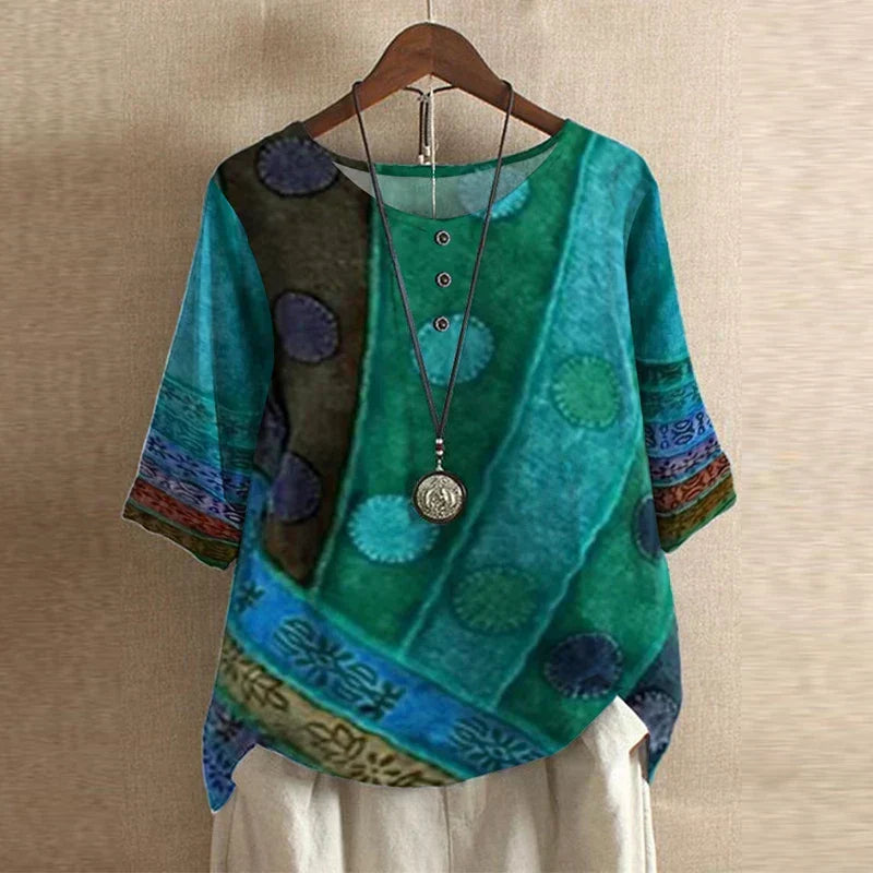 Floral Embroidered Round Neck Roll Tab Sleeve Tunic Top 6