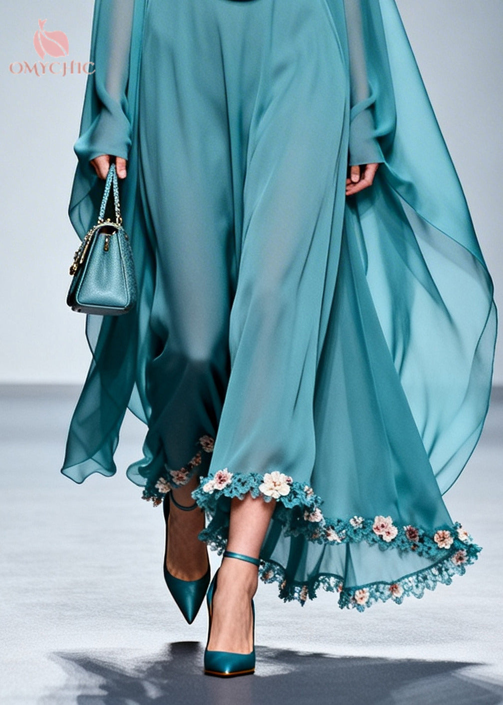 Sea Blue Patchwork Chiffon Maxi Dresses Cold Shoulder Flower Lace Summer - View 4