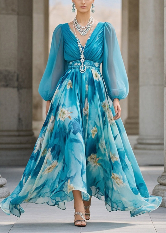 Chiffon Deep V-Neck Bishop Sleeve Ruched Bodice Belted Maxi Gown - View 3